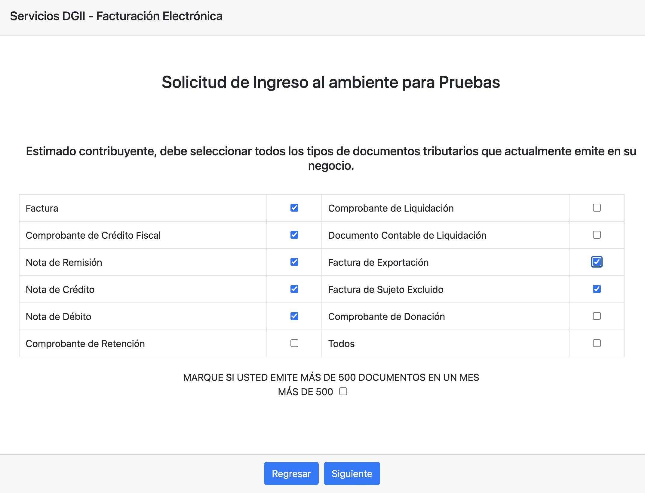 Seleccion de tipos de DTE
