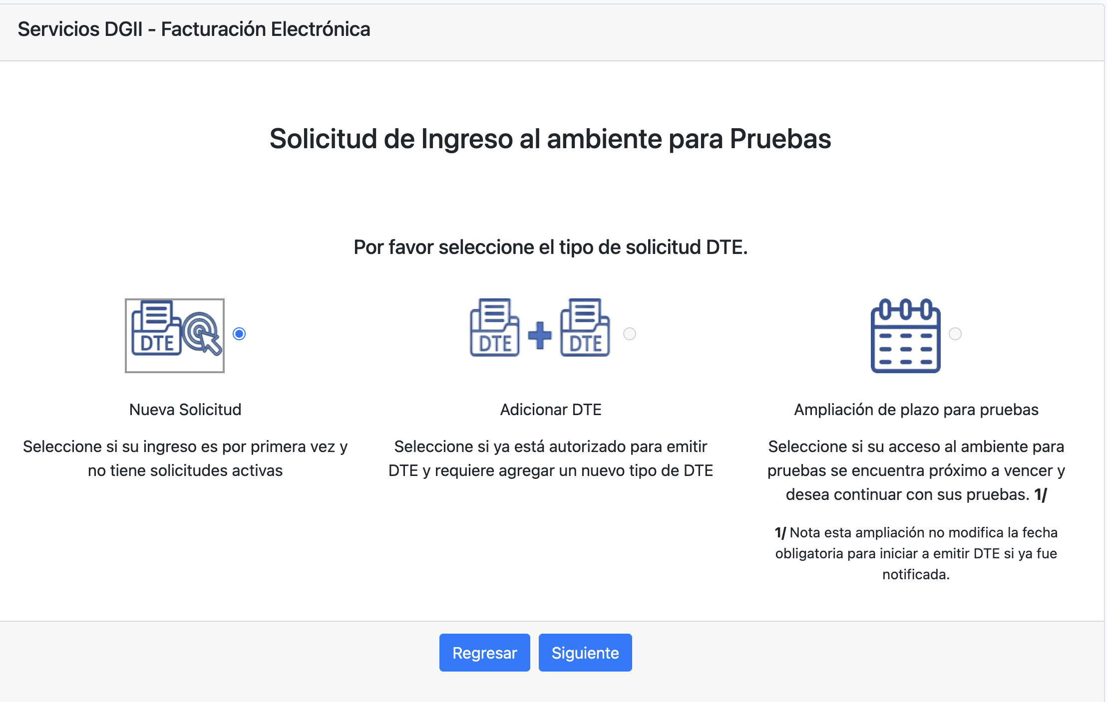 Seleccion del tipo de solicitud