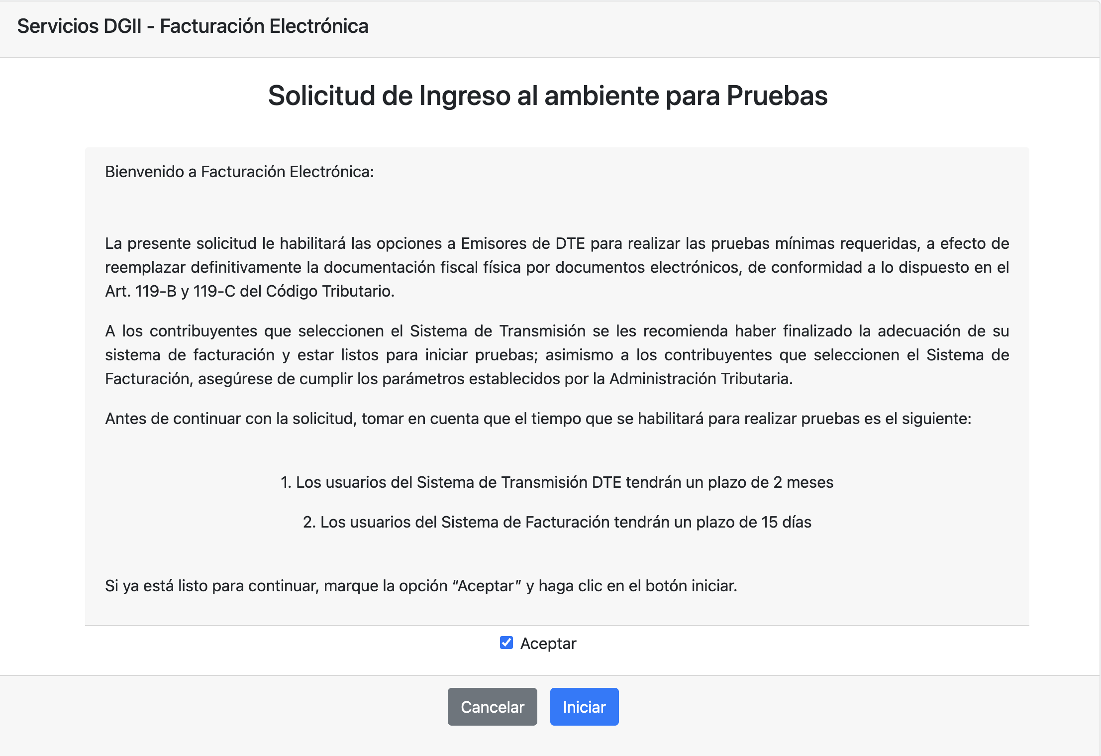Solicitud de ingreso con checkbox marcado