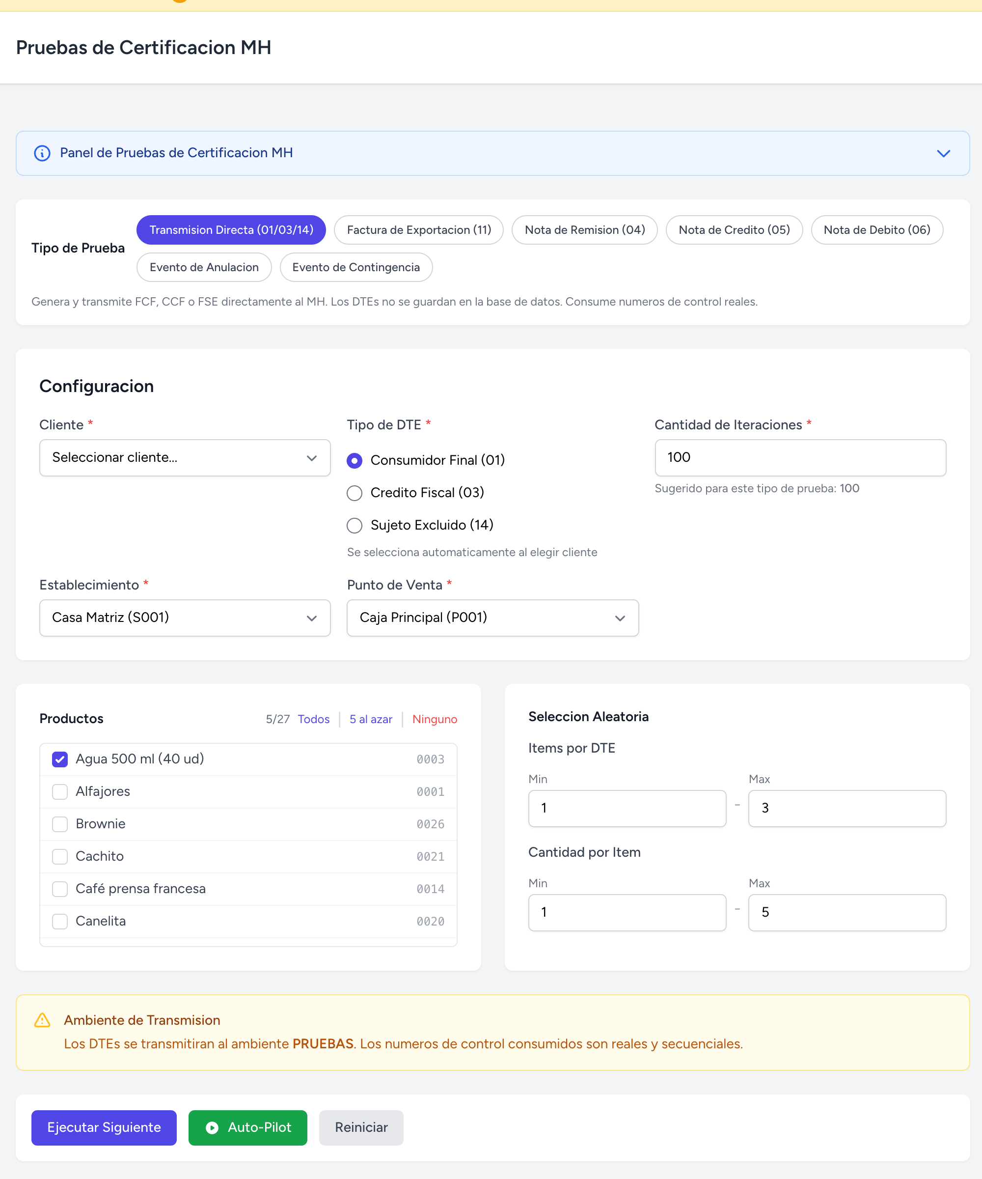 Vista completa del panel de Pruebas de Certificacion MH