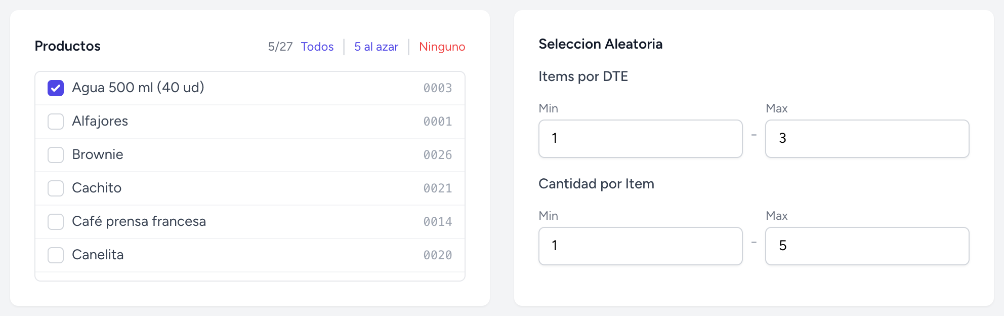 Seleccion de productos y configuracion de seleccion aleatoria de items por DTE