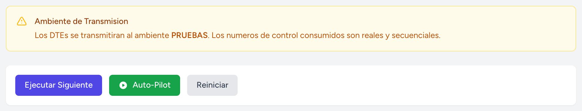 Barra de controles con botones Ejecutar Siguiente, Auto-Pilot y Reiniciar
