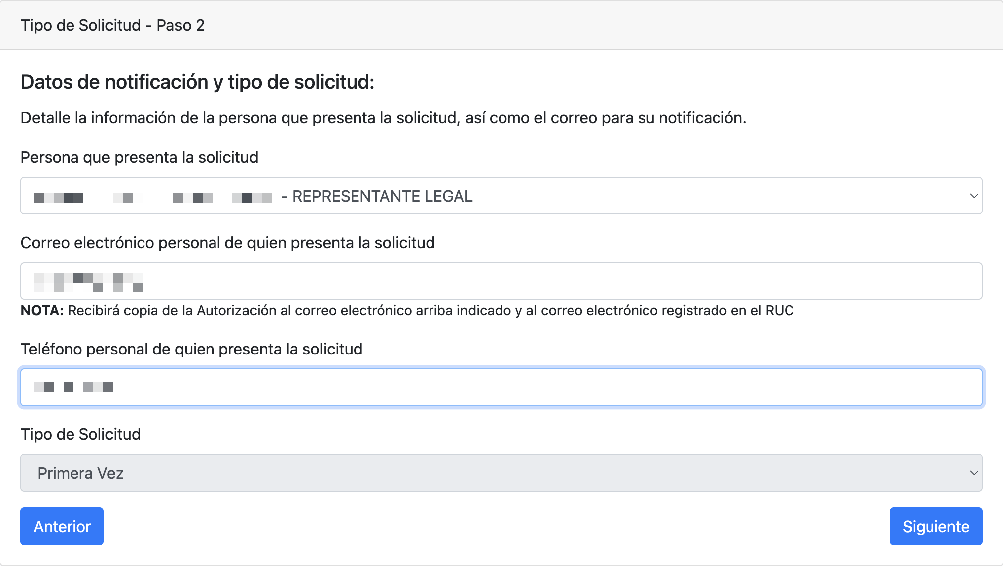 Formulario de datos de notificacion y tipo de solicitud