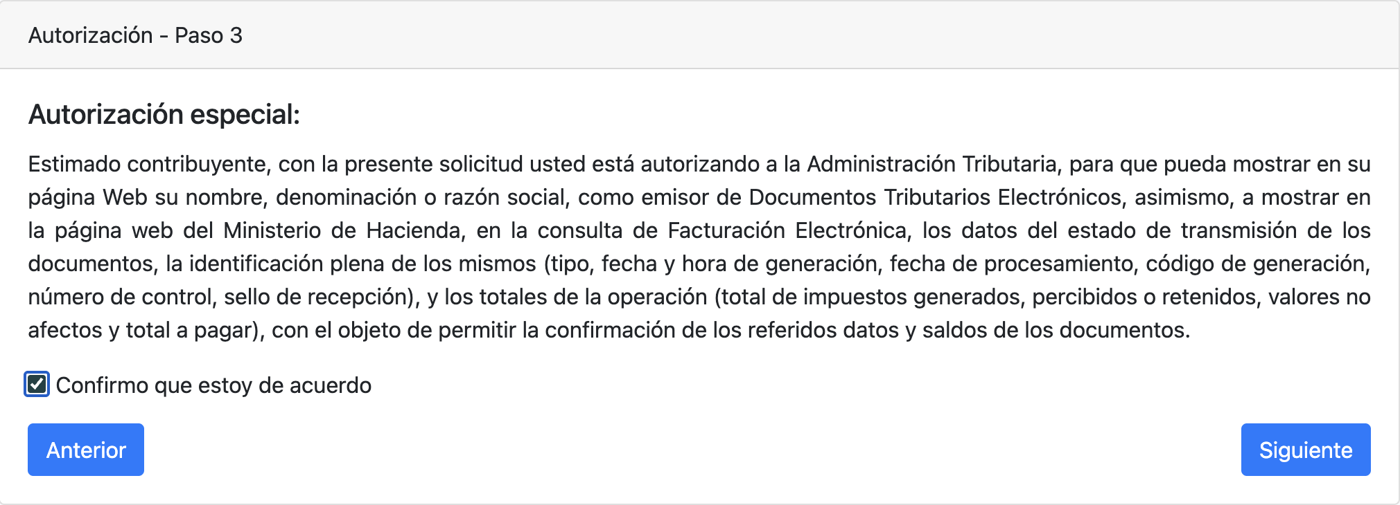 Texto de autorizacion especial con checkbox de confirmacion
