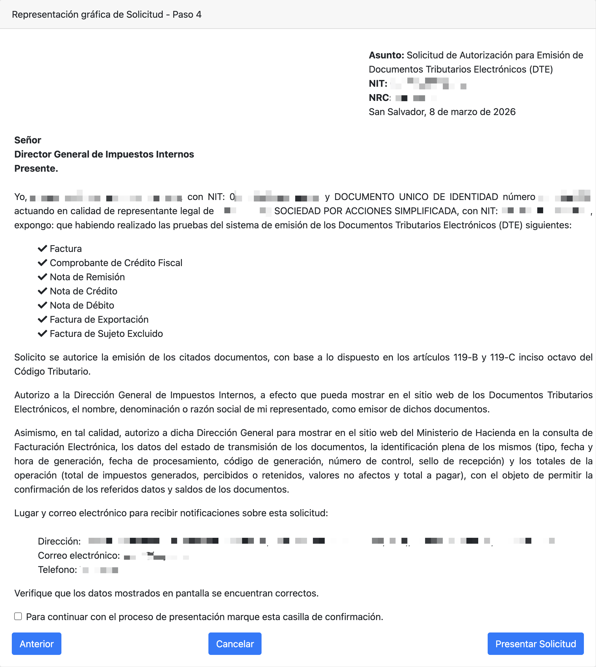 Representacion grafica de la solicitud de autorizacion para emision de DTE