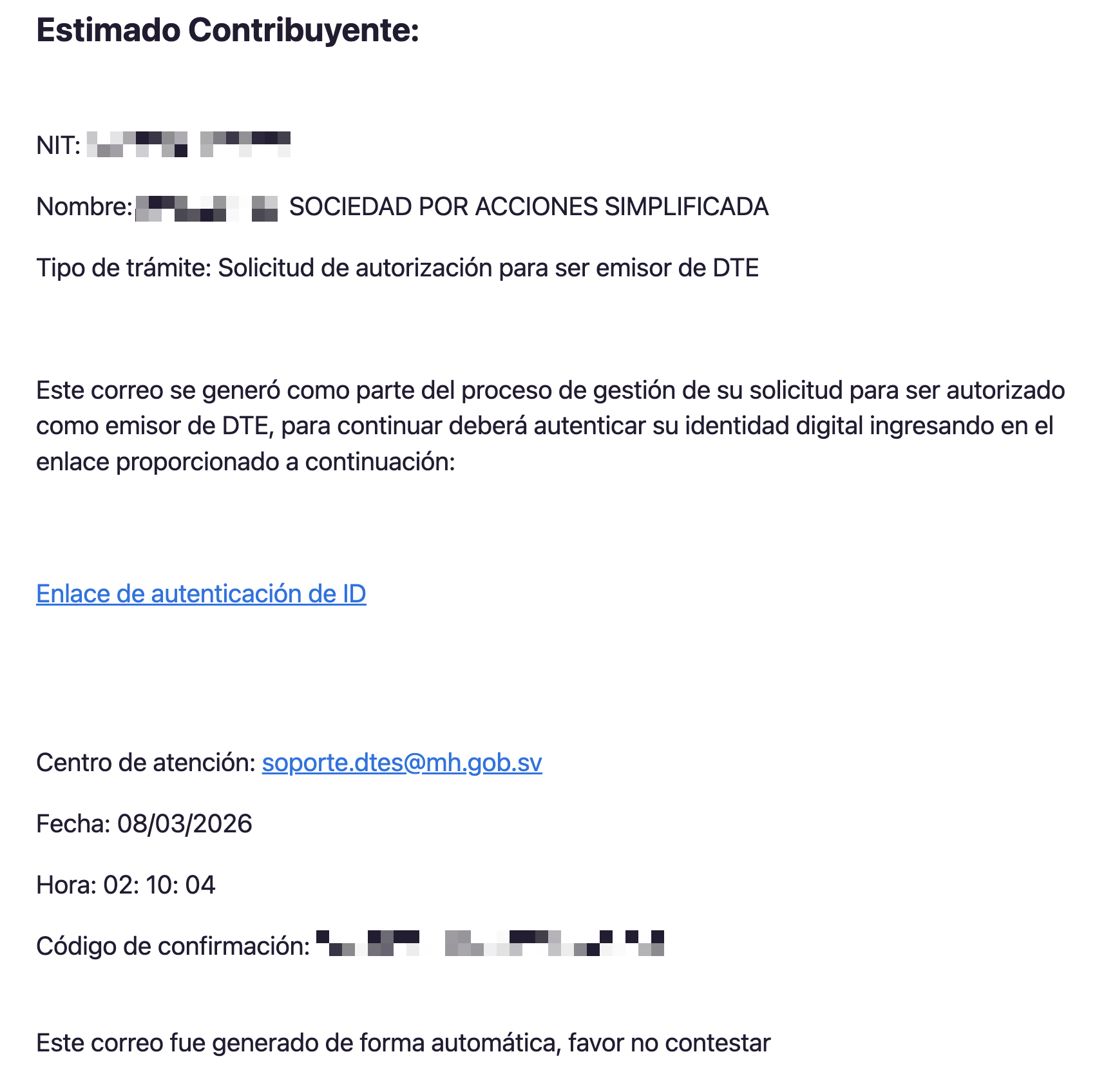 Correo electronico con enlace de autenticacion y codigo de confirmacion